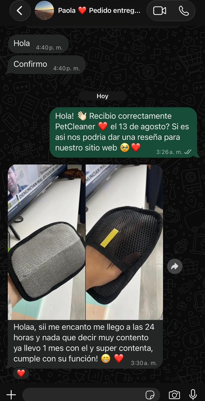 Mensaje de una clienta mostrando su PetCleaner recibido